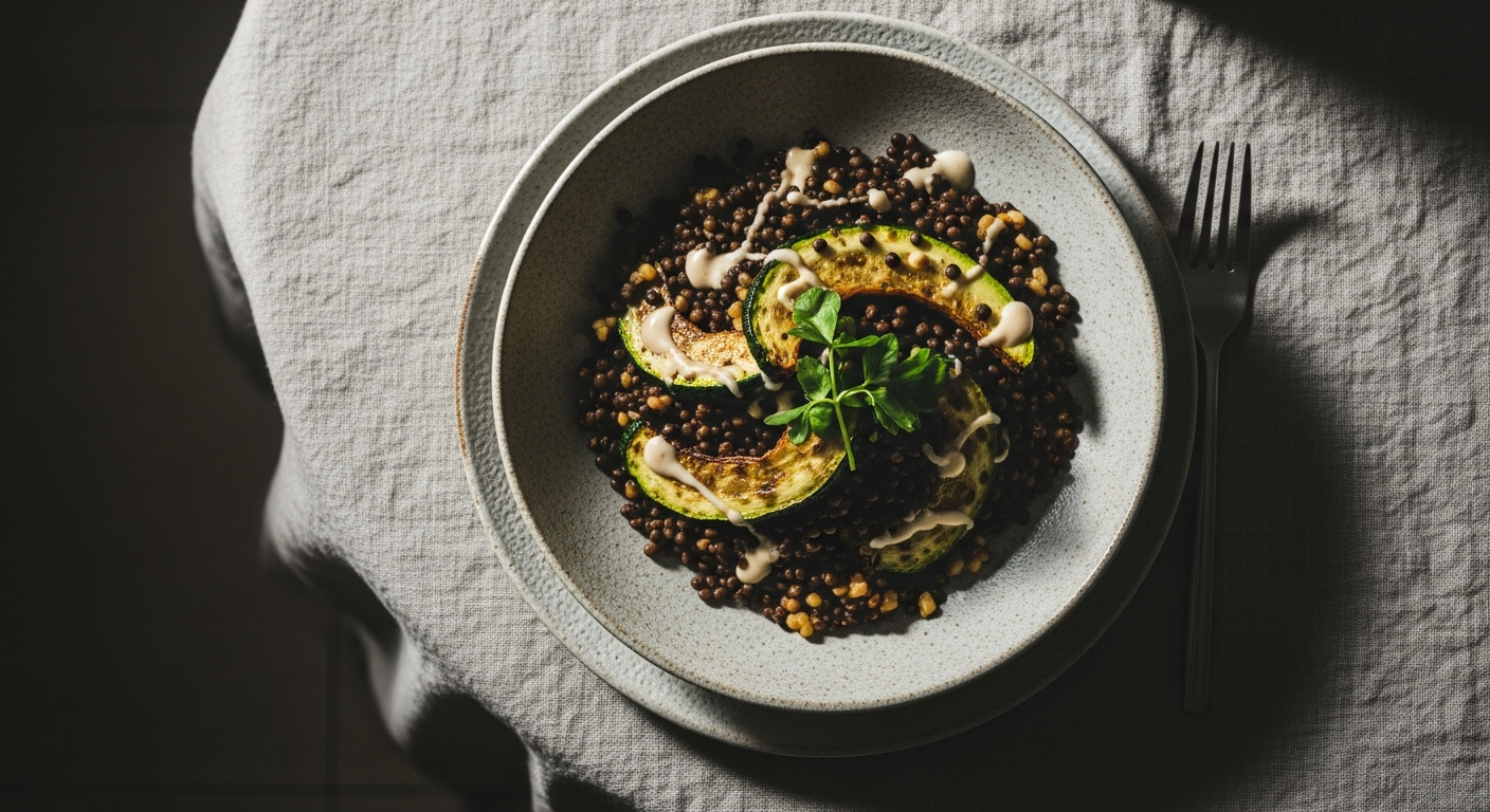 A Simple, Gut-Healing Green Lentil and Roasted Courgette Bowl